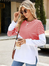 Load image into Gallery viewer, Slit Contrast Striped Long Sleeve Sweatshirt (multiple color options)
