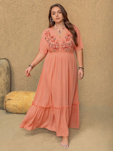 Frill Embroidered V-Neck Half Sleeve Maxi Dress