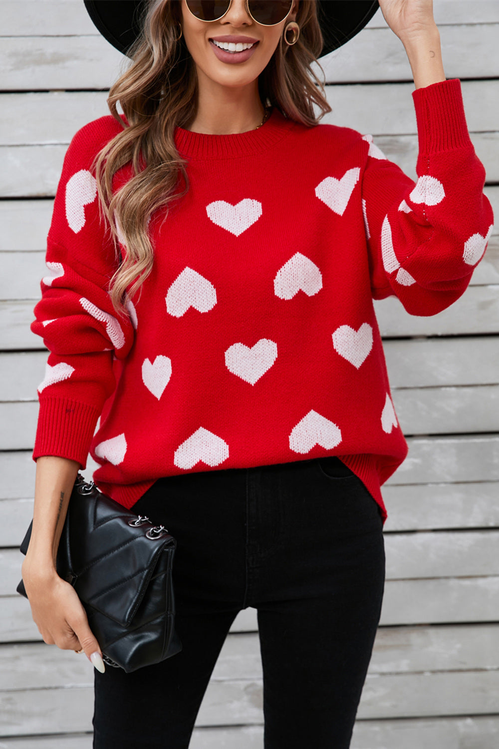 Heart Round Neck Long Sleeve Sweater (multiple color options)