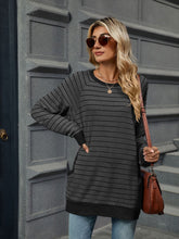 Load image into Gallery viewer, Pocketed Striped Round Neck Long Sleeve T-Shirt (multiple color options)
