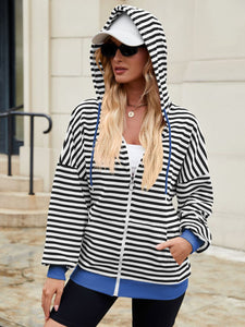 Drawstring Striped Zip Up Long Sleeve Hoodie (multiple color options)