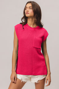 Patch Pocket Cap Sleeve Sweater Top in Fuchsia