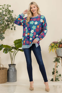 Side Slit Flower Print Long Sleeve Top in Teal