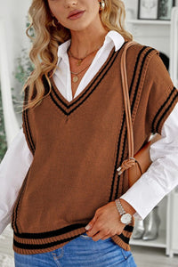 Striped Trim V-Neck Sweater Vest (multiple color options)