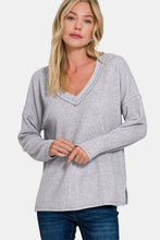 Load image into Gallery viewer, Ribbed V-Neck Drop Shoulder Top in Grey
