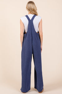 Knot Straps Wide Leg Ribbed Overalls with Pockets in Navy