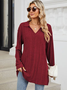 Slit Johnny Collar Long Sleeve Top (multiple color options)