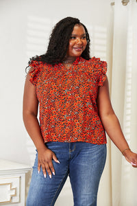 Scarlet Petals Floral Flutter Sleeve Notched Neck Blouse (multiple color options)