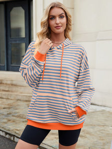 Drawstring Contrast Striped Long Sleeve Hoodie (multiple color options)