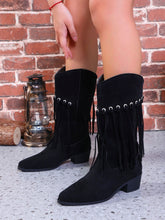 Load image into Gallery viewer, Fringe Suede Point Toe Block Heel Boots  (2 color options)
