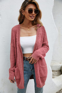 Open Front Openwork Fuzzy Cardigan with Pockets (multiple color options)