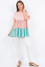 Load image into Gallery viewer, Floral Color Block Ruffled Short Sleeve Top
