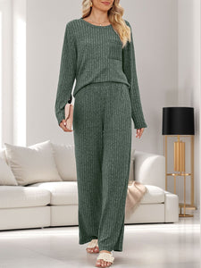 Round Neck Long Sleeve Top and Pants Lounge Set  (multiple color options)