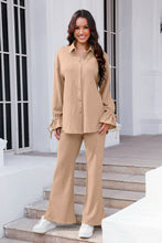 Load image into Gallery viewer, Drawstring Flounce Sleeve Shirt and Pants Set (multiple color options)
