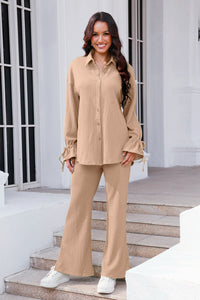 Drawstring Flounce Sleeve Shirt and Pants Set (multiple color options)