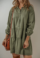 Load image into Gallery viewer, Tiered Collared Neck Balloon Sleeve Shirt Dress (2 color options)
