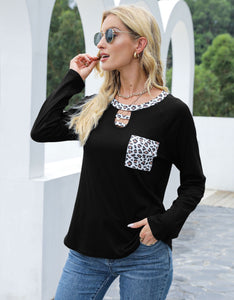 Cutout Leopard Round Neck Long Sleeve T-Shirt (multiple color options)