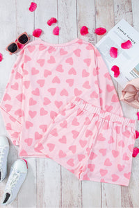 Heart Print Long Sleeve Top and Shorts Lounge Set (2 color options)