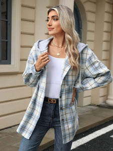 Drawstring Plaid Button Up Hooded Jacket (multiple color options)