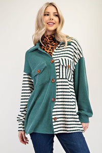 Striped Button Up Dropped Shoulder Shacket in Turquoise