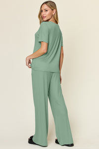 Cozy Comfort Round Neck Short Sleeve T-Shirt and Wide Leg Pants Set (multiple color options)