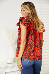 Scarlet Petals Floral Flutter Sleeve Notched Neck Blouse (multiple color options)