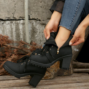 PU Leather Round Toe Block Heel Boots (multiple color options)