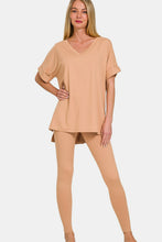 Load image into Gallery viewer, V-Neck Rolled Short Sleeve T-Shirt and Leggings Lounge Set in Dark Brush
