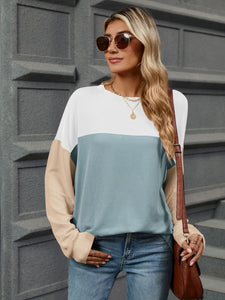 Contrast Round Neck Long Sleeve Top (multiple color options)