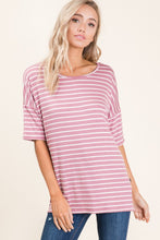 Load image into Gallery viewer, Striped Round Neck Half Sleeve T-Shirt in Mauve
