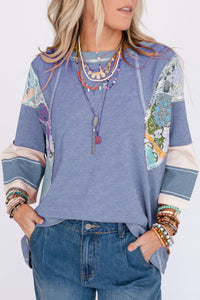 Striped Floral Patchwork Round Neck Top (multiple color options)