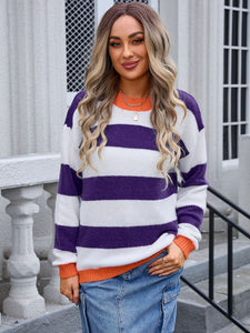 Contrast Striped Round Neck Sweater (multiple color options)