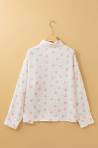 Heart Print Collared Neck Long Sleeve Shirt