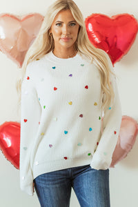 Heart Sequin Round Neck Long Sleeve Sweater