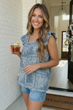 Load image into Gallery viewer, Dusty Blue Bandana Print Ruffle Top
