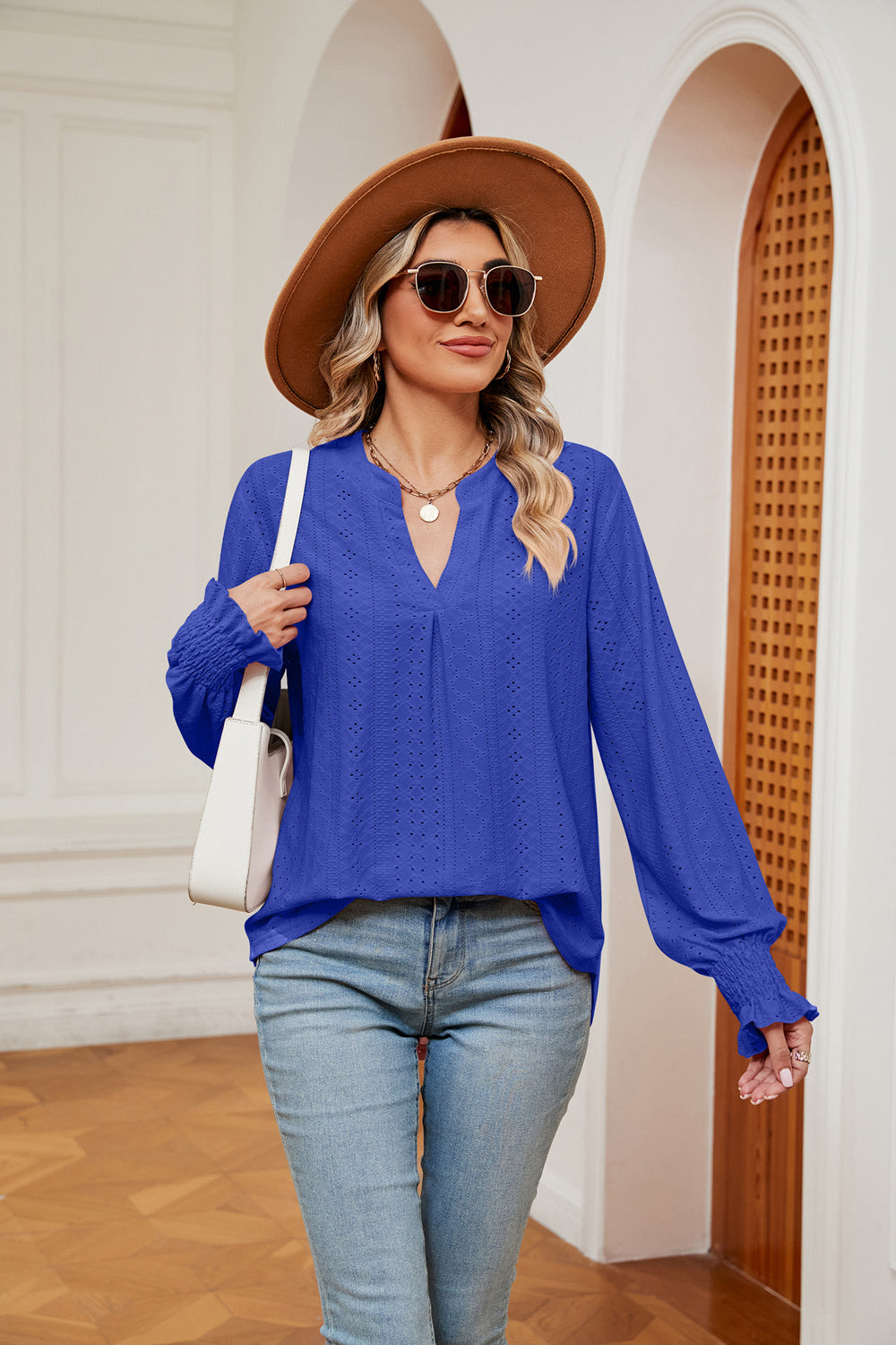 Notched Neck Flounce Sleeve Blouse (multiple color options)