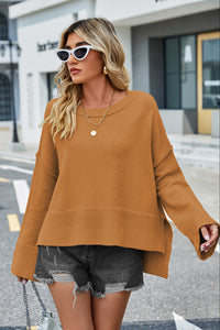 Round Neck Dropped Shoulder Slit Sweater (multiple color options)