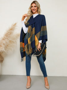 Fringe Contrast Plaid Poncho (multiple color options)