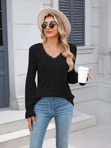 Lace Detail V-Neck Long Sleeve Top (multiple color options)