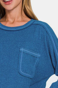 Contrast Stitching Brushed Ribbed Hacci Knit Top in Royal Blue