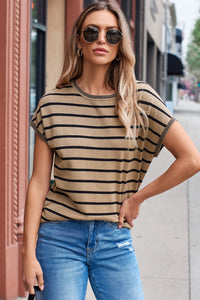 Striped Round Neck Cap Sleeve Knit Top (multiple color options)