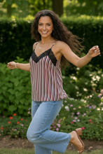 Load image into Gallery viewer, Lace Trim Striped Satin Cami

