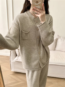 Pocketed Round Neck Button Up Cardigan and Pants Sweater Set (multiple color options)