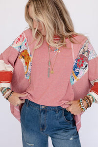 Striped Floral Patchwork Round Neck Top (multiple color options)