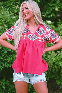 Embroidered Tie Neck Short Sleeve Blouse