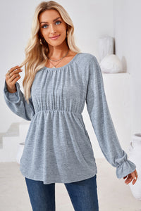 Ruched Round Neck Flounce Sleeve Blouse (multiple color options)