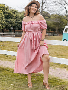 Plaid Off-Shoulder Short Sleeve Midi Dress