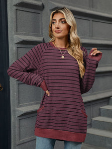 Pocketed Striped Round Neck Long Sleeve T-Shirt (multiple color options)