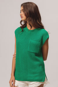 Patch Pocket Cap Sleeve Sweater Top in Jade