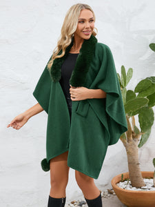 Fuzzy Trim Open Front Poncho (multiple color options)